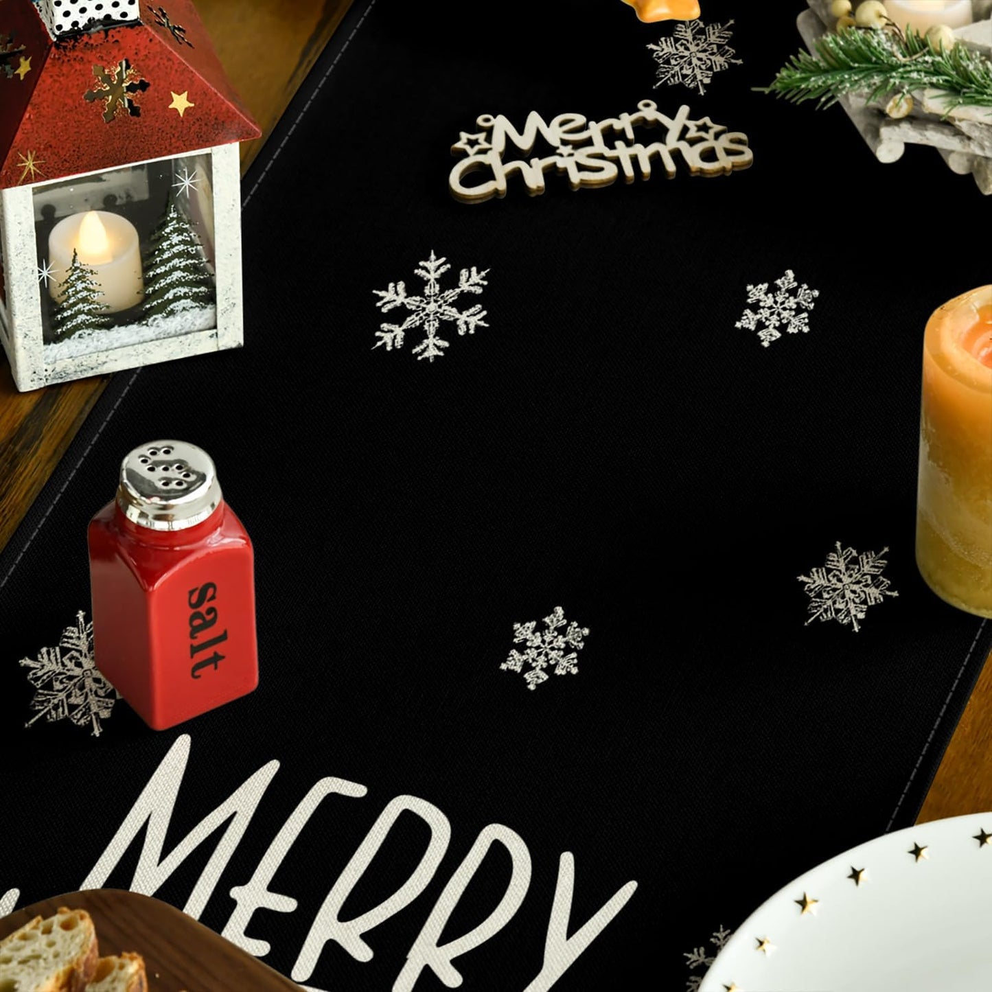Artoid Mode Xmas Trees Snowflakes Black Merry Christmas Table Runner, Winter Seasonal Kitchen Dining Table Decoration for Home Party Decor 13x108 Inch