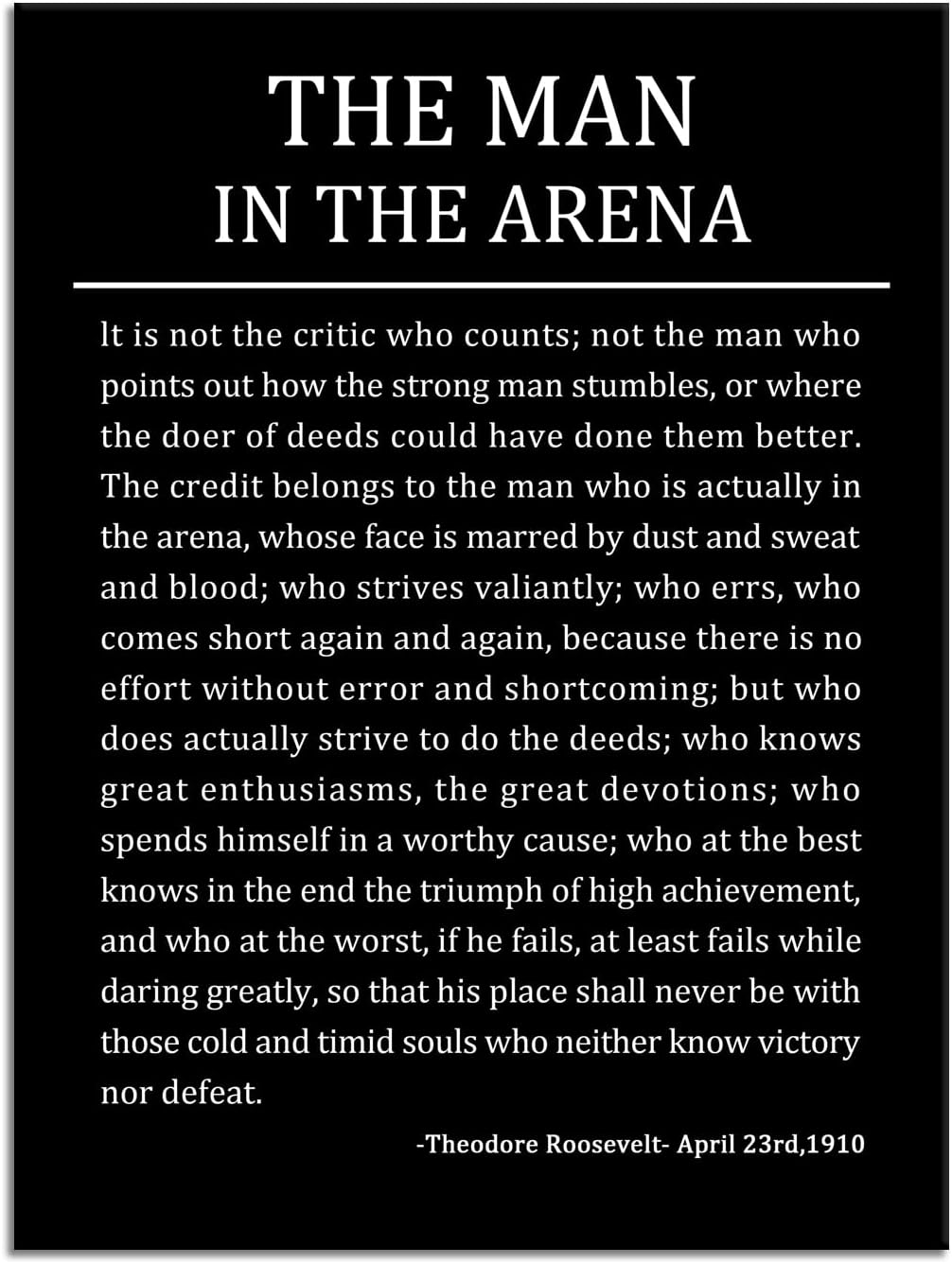 Motivational Poster The Man In The Arena Inspirational Canvas Wall Art Theodore Roosevelt Quotes Canvas Prints Artwork for Living Room Home Decor Painting Stretched and Framed [18''Wx 24''H]