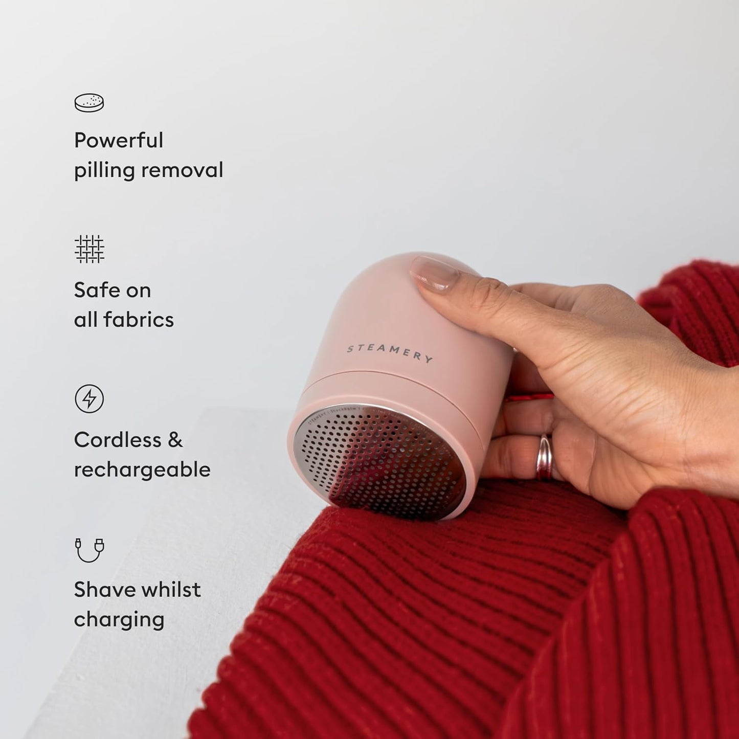 Steamery Fabric Shaver Pilo 2, Removes Lint and Pilling from Clothes and Textiles, Rechargeable Lint Remover with USB, Pink