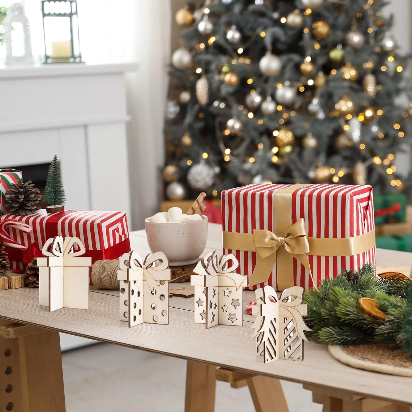 COCHIE DIY 3D Christmas Gift Box Wood Crafts to Paint for Kids Adults, Paintable Unfinished Wooden Slices for Craft, Xmas Gift Boxes Cutouts Ornaments for Painting Decorations (24 PCS)