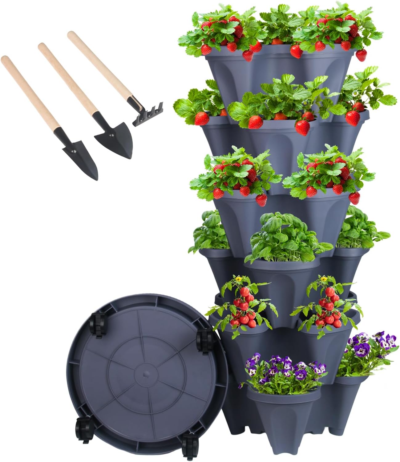 Vertical Planter 6 Tier Stackable Planters Garden Planters Strawberry Herb Flower and Vegetable Planter Indoor Outdoor Gardening Pots with Removable Wheels and Tools