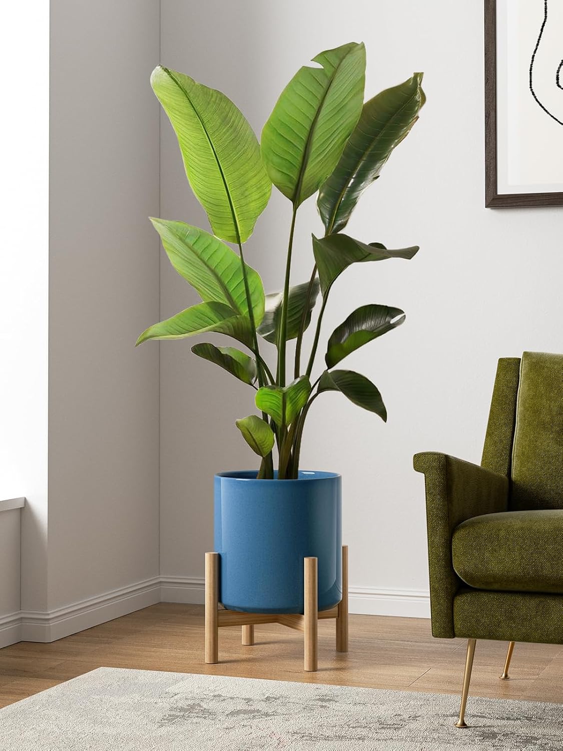 LE TAUCI 12 Inch Pots for Plants, Ceramic Large Plant Pot for Indoor Plants, Mid-Century Modern Flower Planter Pots with Drainage Hole and Removable Plug, Round Planter Pot, Reactive Glaze Blue