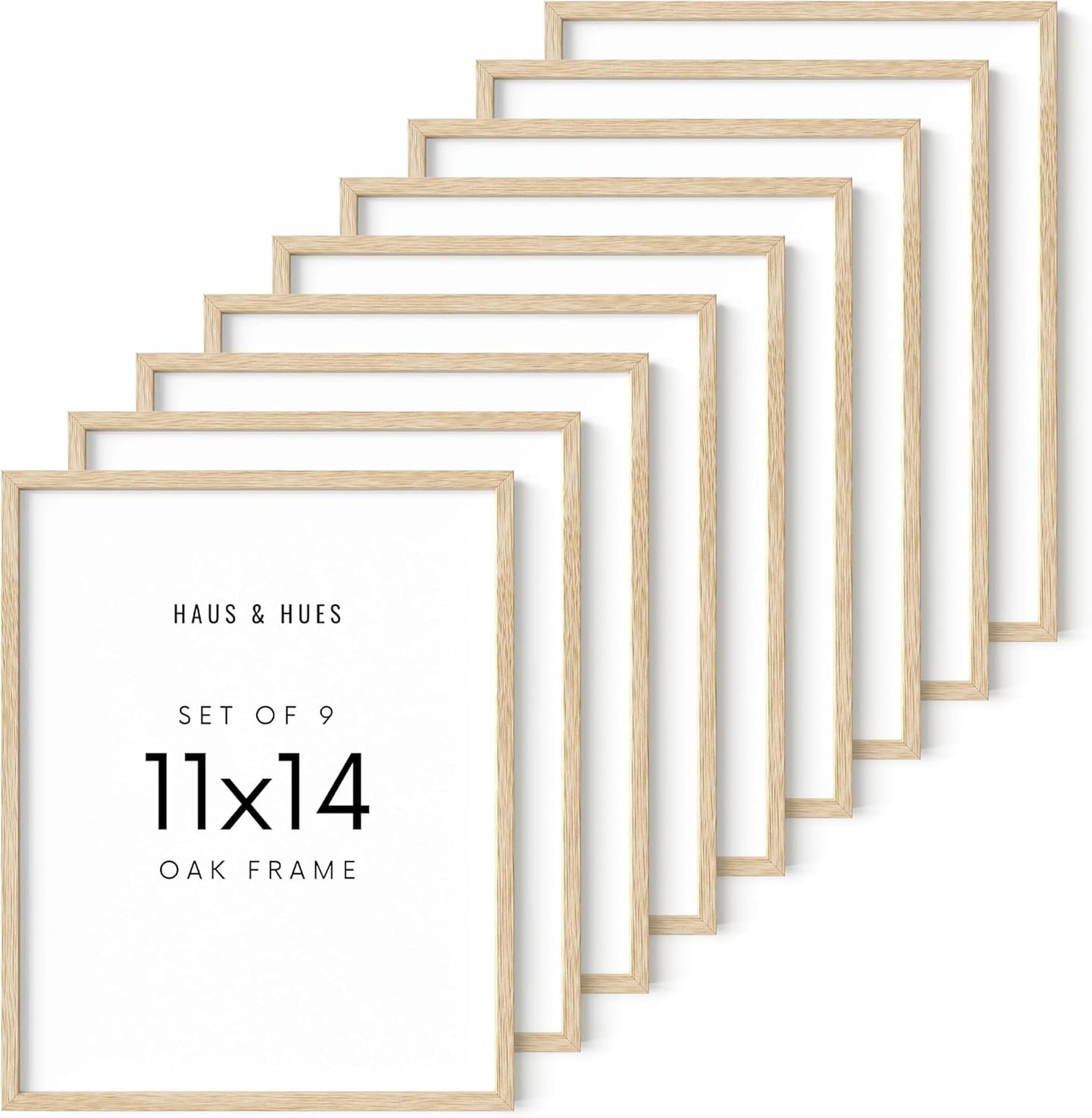 HAUS AND HUES Square Picture Frames 11 x 14 Set of 9 - Photo Gallery Wall Frame Set, Wood 11x14 Frames, 11 x 14 Frames Gallery Wall Set, 11x14 Frame with Mat, Square Frames 11x14 (Beige Oak Frames)