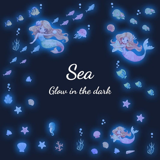 Glow in The Dark Stars Mermaid Wall Decals, Turtle Ocean Fish Stickers for Ceiling, DIY Wall Decor for Nursery Playroom Living Room, Birthday Christmas Gift