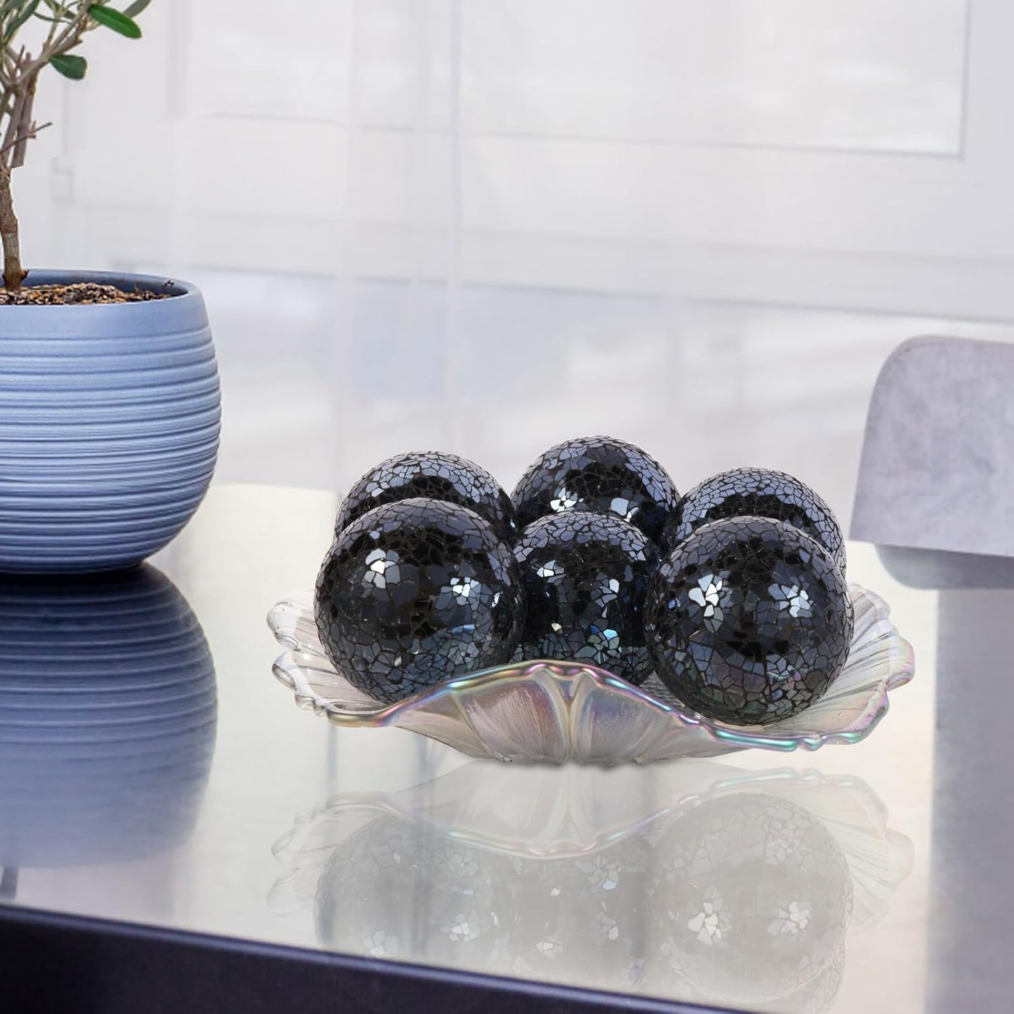 6Pcs Decorative Ball for Bowls, 8cm/3.15inch Mosaic Glass Centerpiece Decoration Balls Mirror Glass Ball Fillers for Home Decor Dining Tables Wedding Party (Black)