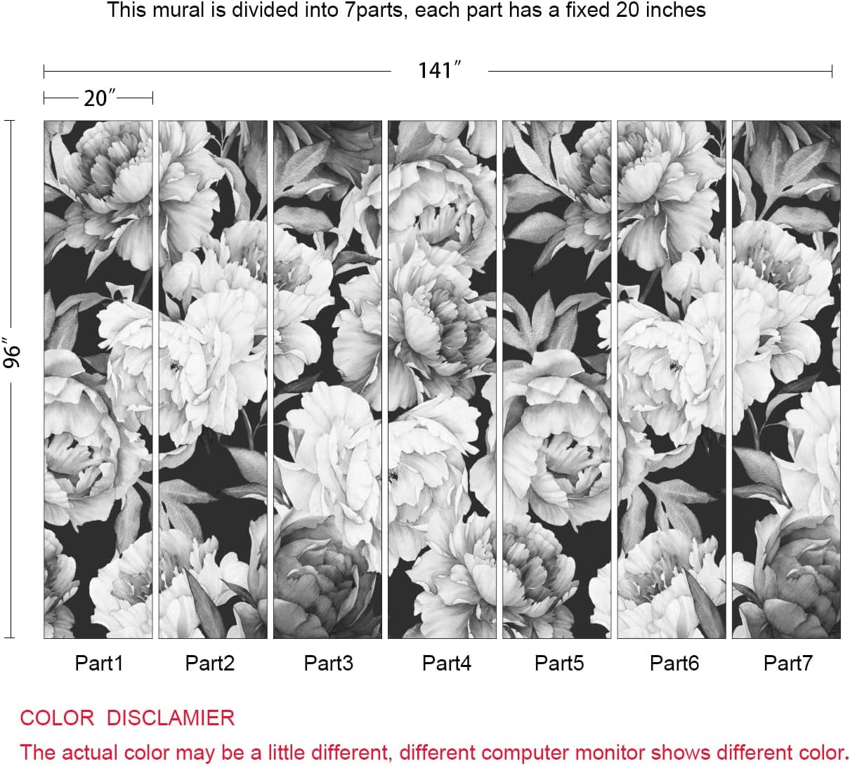 Black and White Peonies Wallpaper Watercolor Floral Mural Wallpaper for Bedroom Living Room (Not Peel n' Stick)