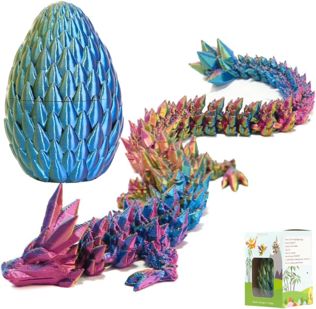 3D Printed 12” Articulated Crystal Dragon Inside 5.1” Egg – Fantasy Collectible, Fidget Toy & Stocking Easter Basket Stuffers for Home & Office Decor (Multicolor).