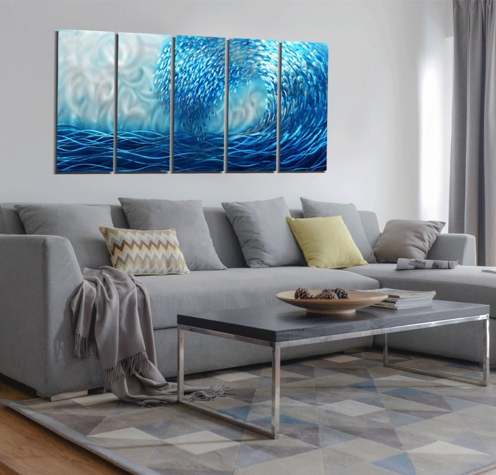 Yihui Arts Hand Crafted Blue Sea Wave 3D Metal Wall Art - Coastal 5 Panel Aluminum Sculpture for Big Abstract Office, Hallway, Fireplace, and Home Decor