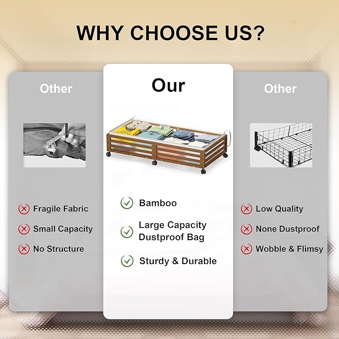 Under Bed Storage Containers With Wheels - 2 Pcs Large Bamboo Wood Rolling Underbed Shoe Storage Bins With Dust Bags for Clothes Blankets, Duvet Covers Snacks Toys (Walnut)