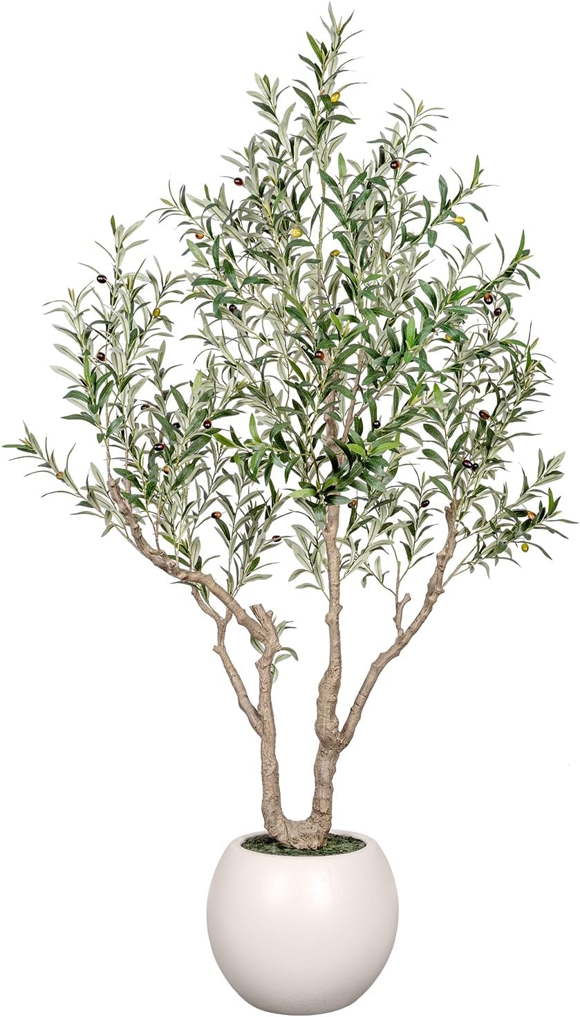Olive Tree Artificial Indoor, 7FT Tall Faux Olive Tree with 16in Round White Planter, Artificial Plants with Natural Wood Trunk and Lifelike Fruits for Home Office Decor