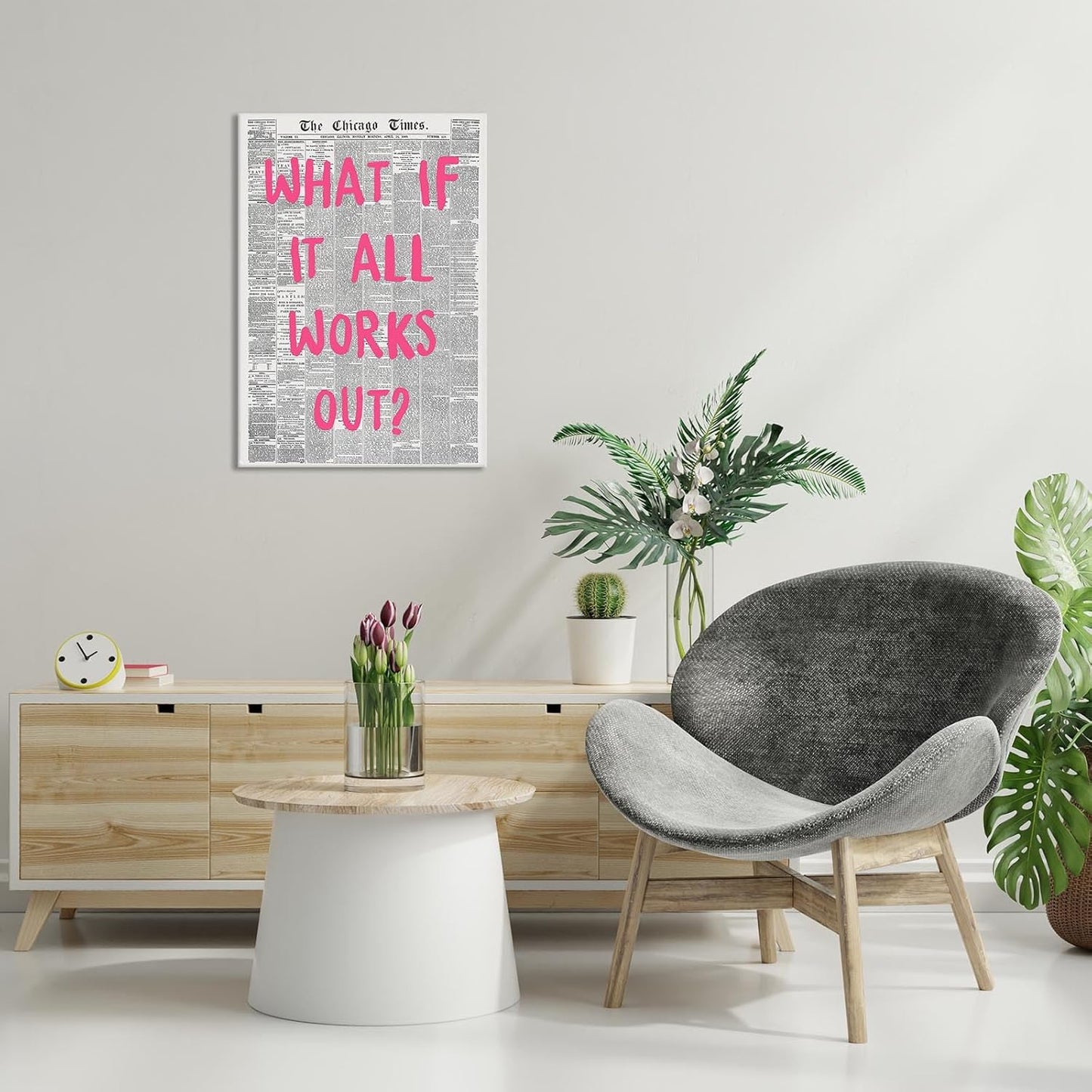 Liyark Retro Trendy Newspaper Canvas Wall Art 'What If All Works Out' Poster - Positive Affirmation Quote - Pink Font - Minimalist Home Decor - Framed 12x16in