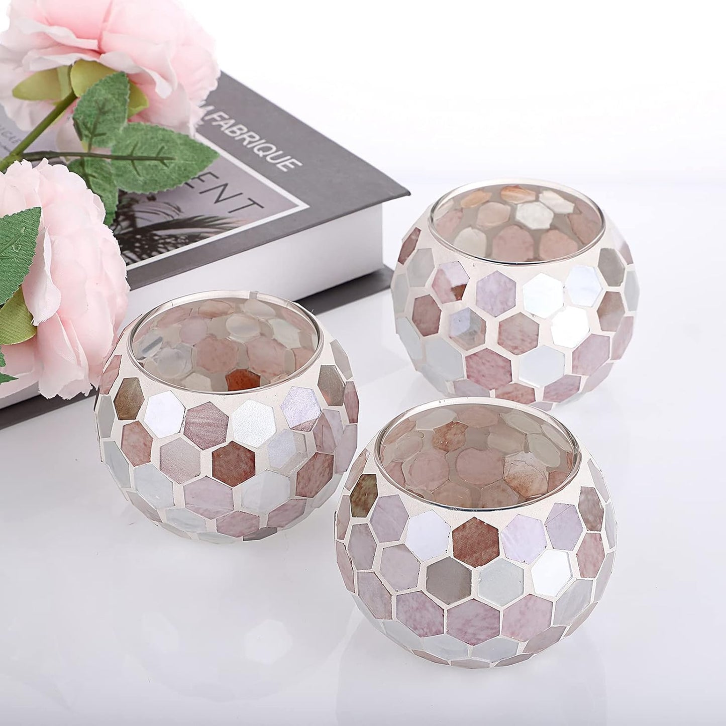 OwnMy Set of 3 Mosaic Glass Tea Light Holders Round Bowl Votive Candle Holders Pillar Candle Stands, Glass Mosaic Tealight Holders Potted Plant Bowl Vase Candle Centerpiece for Dining Table Wedding