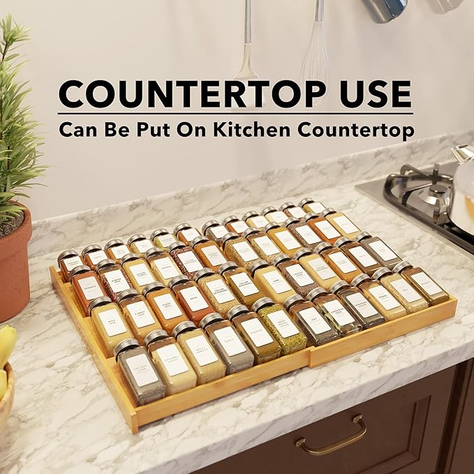 SpaceAid Bamboo Spice Drawer Organizer, (Need 3" Deep Drawer) Expandable 4 Tier Spices Rack for Cabinet, Kitchen Seasoning Storage Insert (Jars Not Included, From 12" to 23" Wide)