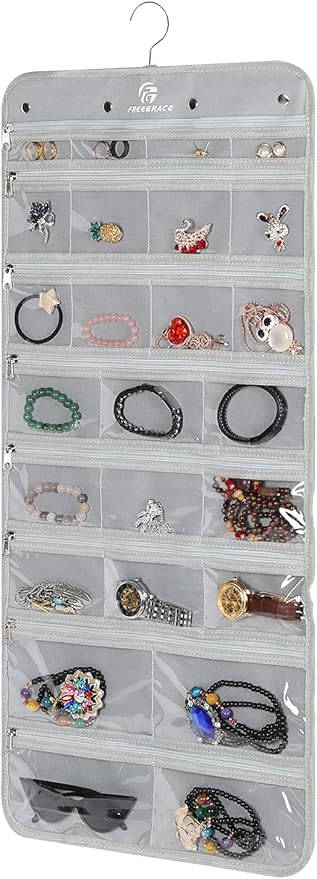 Freegrace Hanging Jewelry Organizer Revolving Hanger - Secure Zipper Closure - 25 Pockets,23 Hooks - Foldable Storage & Display Solution - For All Jewelry & Bijoux (Gray)
