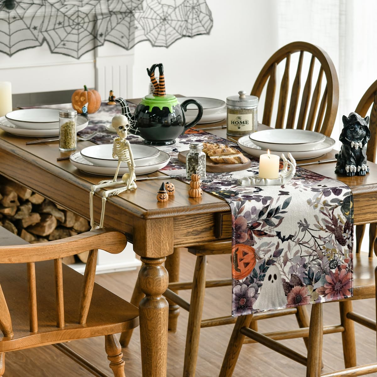Artoid Mode Jack-O'-Lantern Pumpkin Floral Ghost Halloween Table Runner, Eucalyptus Kitchen Dining Table Decoration for Home Party Decor 13x48 Inch