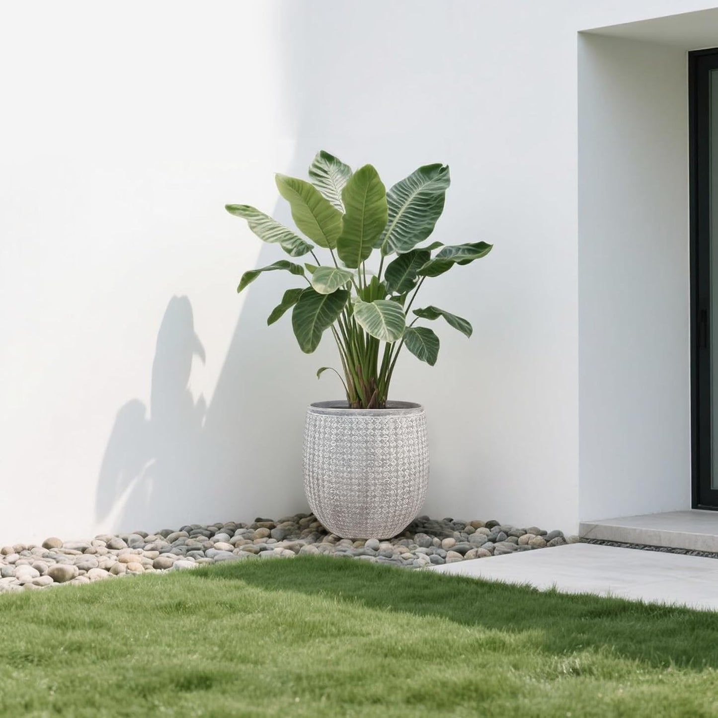 Worth Garden 12" Dia x 15" H Grey Round Planter – Lightweight Magnesium Oxide Cement Plant Pot with Texture – Raised Pattern Concrete Look – Drainage Hole – Indoor & Outdoor Use