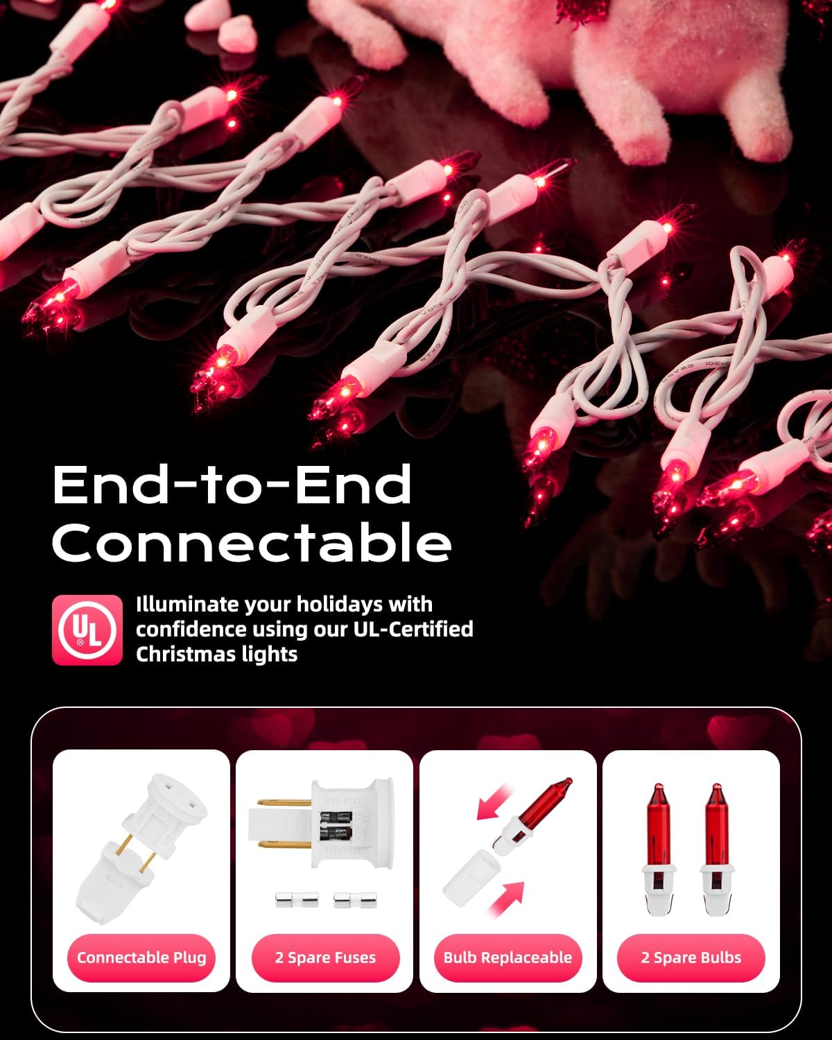 Brightown Pink Mini String Lights, 100-Count 26.5ft Incandescent Bulb Valentine's Day Fairy Lights for Indoor Holiday Decoration, Christmas Tree Garland Wedding Party Multi-Use Decor, White Wire