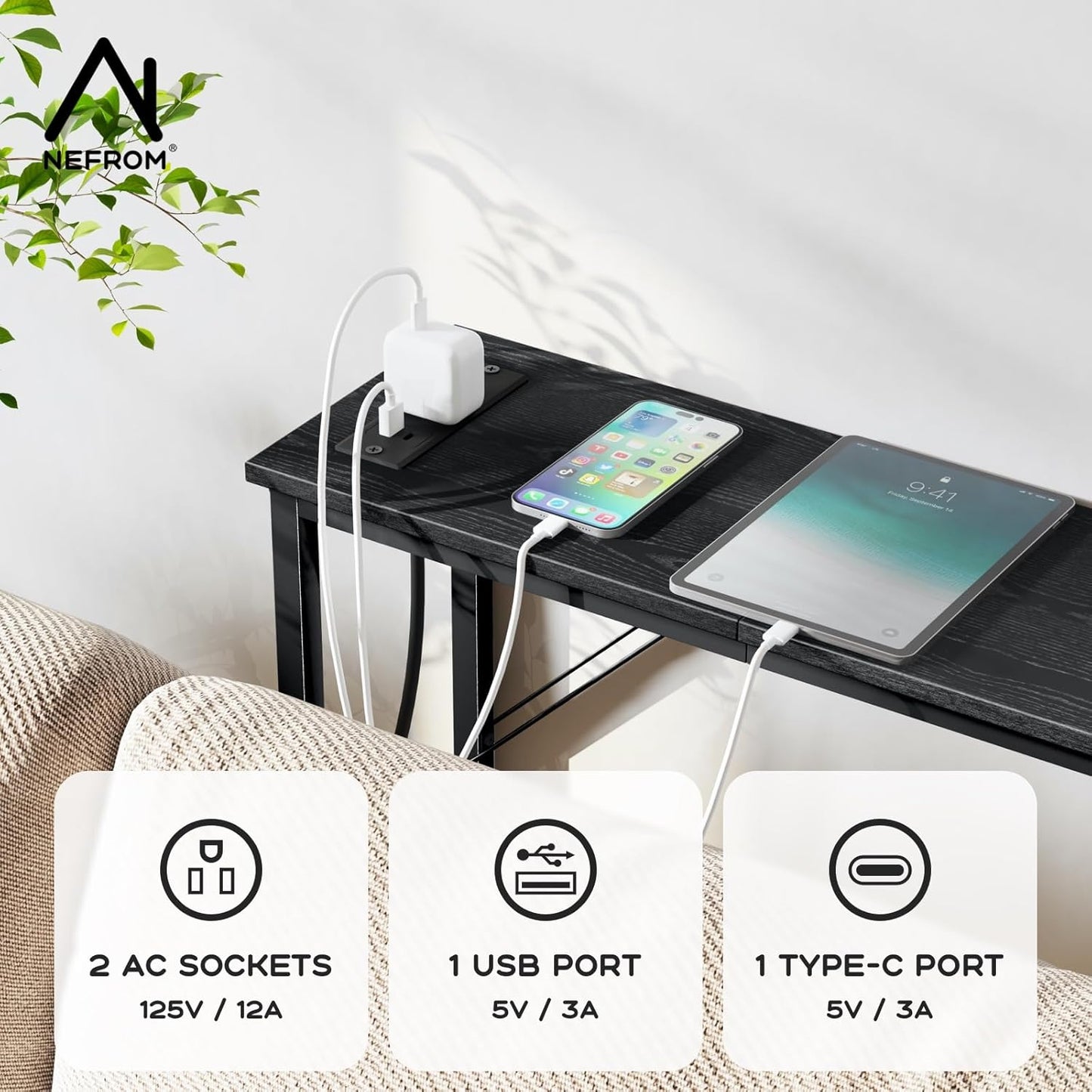 39.4" Console Table, Skinny Entryway Table with Fast-Charging Station, Narrow Long Sofa Table, Behind Slim Couch Table for Entrance, Hallway, Living Room Decor ST-BK100-1