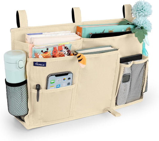 Surblue Bedside Caddy Hanging Organizer Storage Bag Pocket for Bunk, Hospital, College Dorm Rooms, Baby Bed Rails, Camp - 8 Pockets, Large, Beige