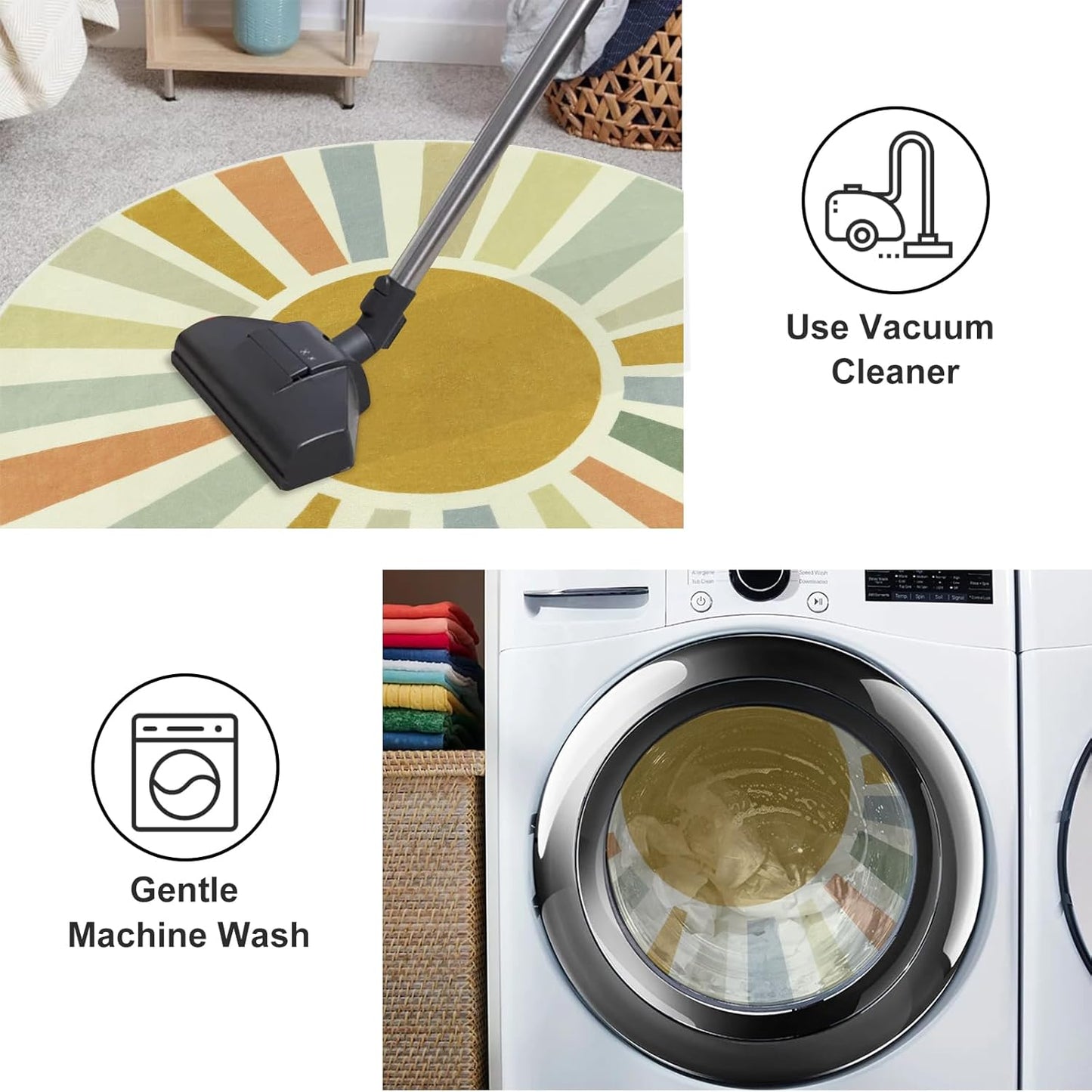 STARUIA Boho Round Rug 4 Ft Washable Area Rug for Kids Room, Colorful Sun Circle Rug for Playroom, Non-Slip Circular Office Carpet Soft Rainbow Rug for Bedroom Reading Corner Dorm