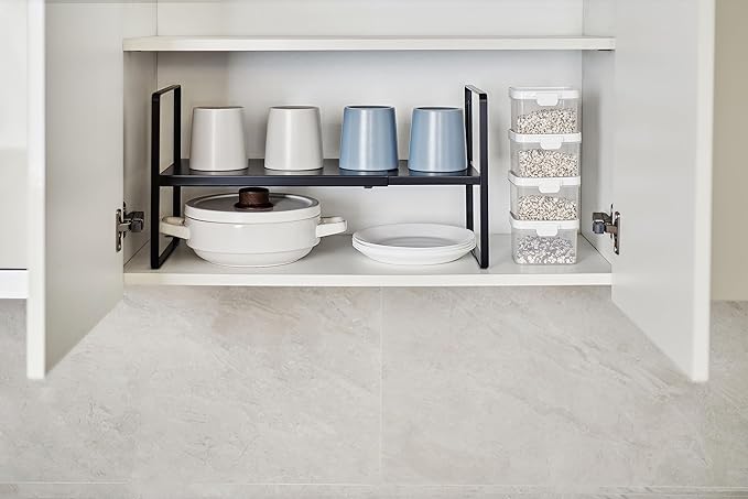 Nxconsu Cabinet Shelf Expandable Height Adjustable Organizer Riser for Kitchen Cabinet Pantry Cupboard Under Sink Countertop Organization Storage Space Saver Stackable Heavy Duty Metal Black XL