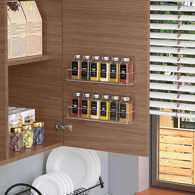 PMMASTO Adhesive Acrylic Spice Rack Organizer with 12 Empty Square Spice Jars, 238 Spice Labels with Chalk Marker and Funnel Complete Set for Kitchen Cabinet/Pantry Door (Clear - 2 Pack)