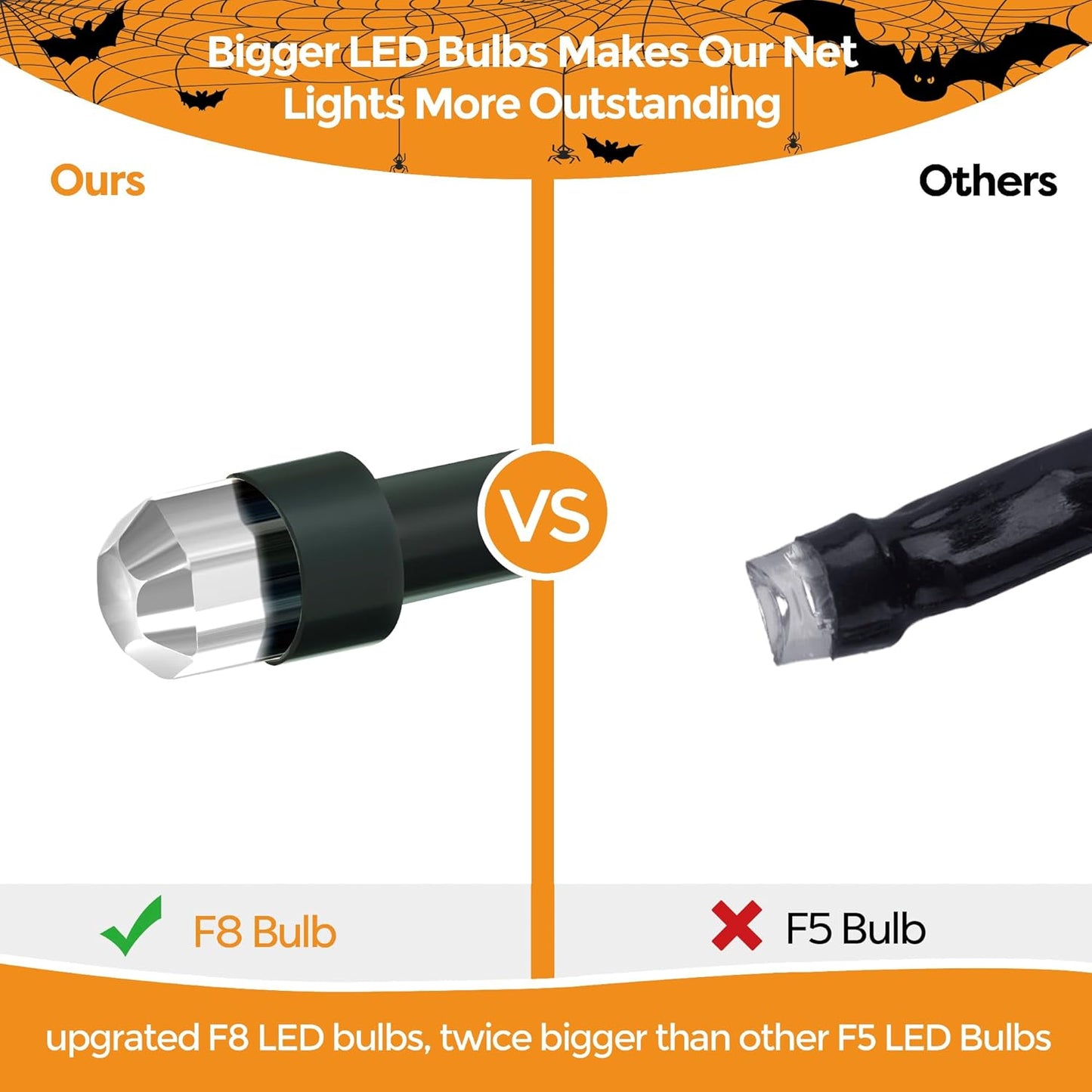 WBao Orange Purple Halloween Lights Outdoor 200LED F8 Big Bulbs, 8.4ft x 5.2ft Halloween Net Lights with 8 Modes, Timer, Connectable, Waterproof & Dark Green Wire for Lawn, Bushes Outdoor Decorations