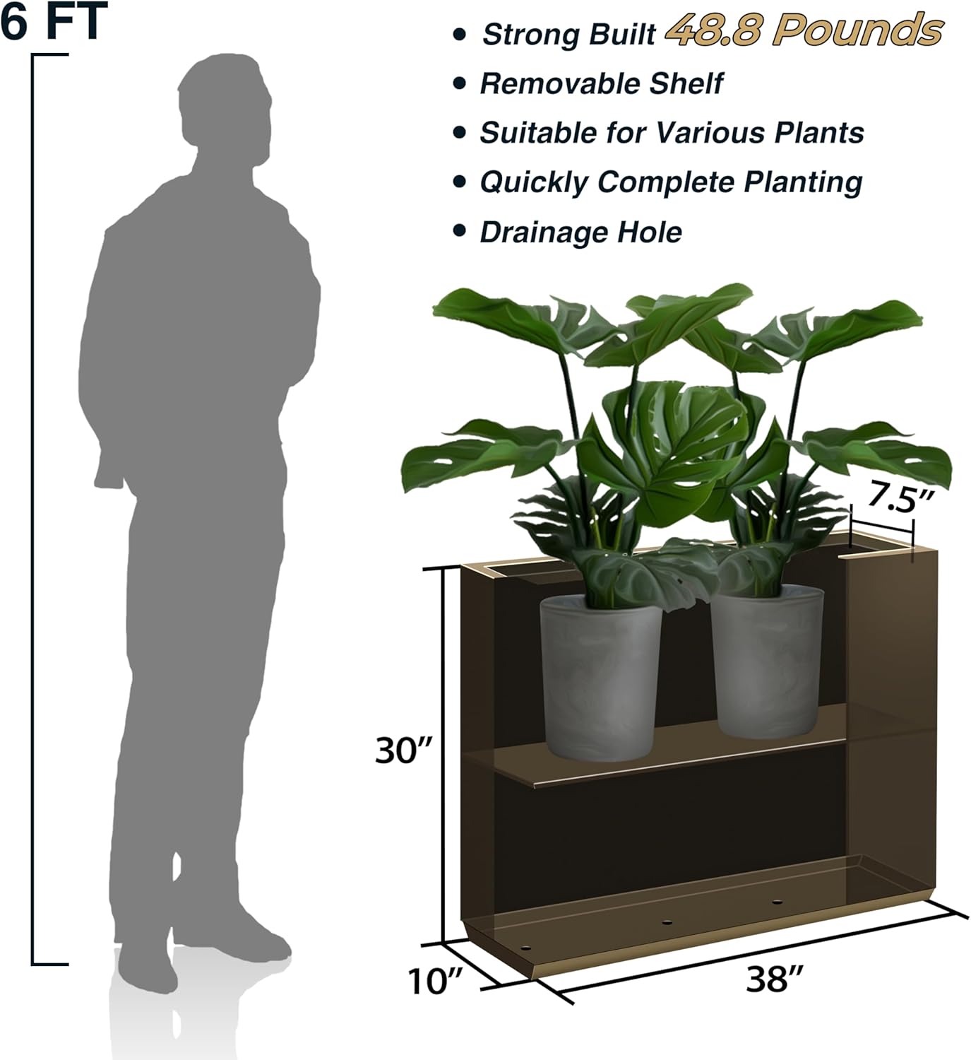 Metallic Heavy Planter for Outdoor Plants, 38Lx10Wx30H Inches Tall and Long Metal Divider Planter Box for Outside & Indoor, No Assembly Required (Espresso)