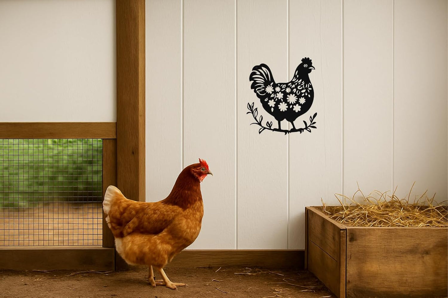 SHIMANY Black Metal Wall Art - Chicken Hanging Wall Sculpture for Kitchen, Farmhouse, Entryway, or Bathroom - Rustic Folk Cutout