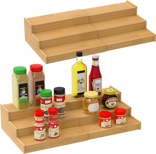 Spice Rack Organizer for Cabinet 2Pack, 3 Tier Expandable Bamboo Spice Storage, Great for Kitchen Cabinet, Cupboard,Pantry and More(Natrual)