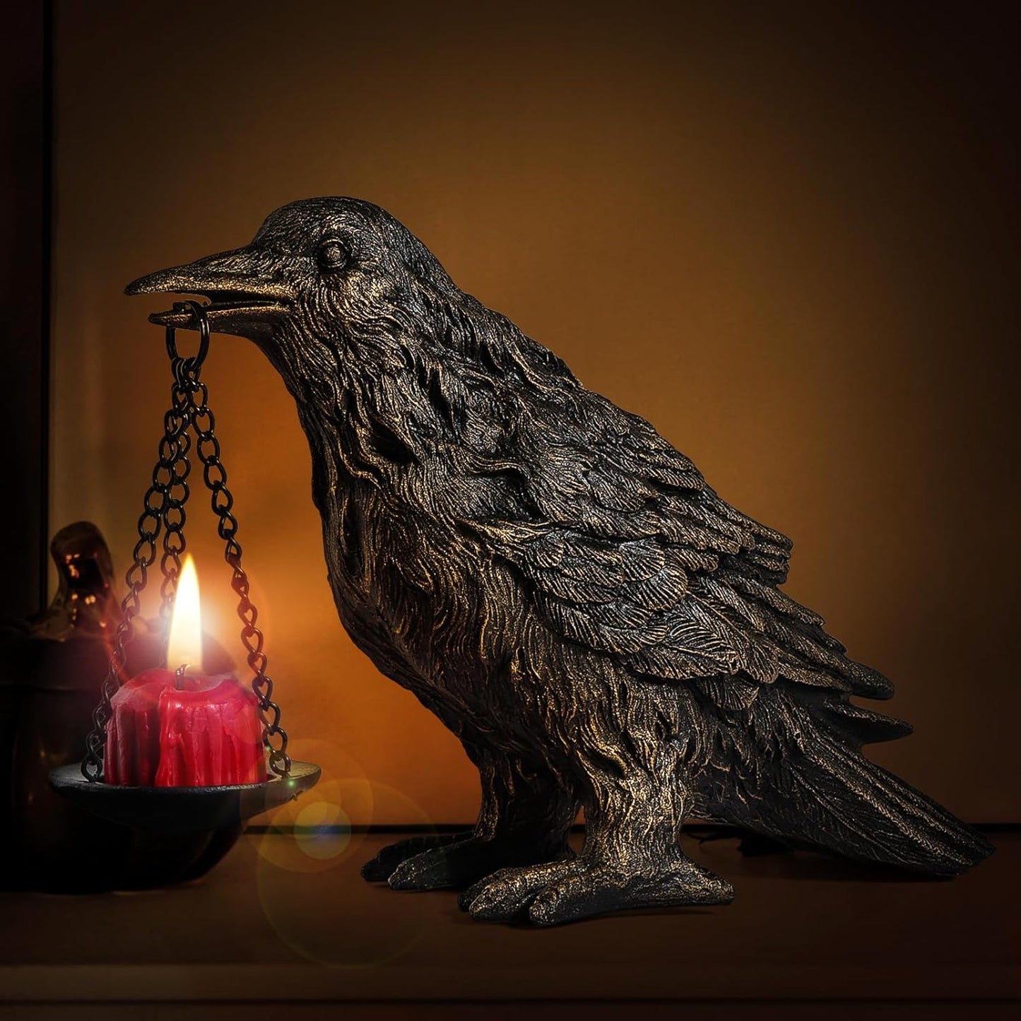 Gothic Home Decor Fake Crow Light Holder Raven Lamp Tealight Candle Holder Resin Statue Half Gold