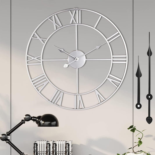 1st owned Large Wall Clock for Living Room Decor Silent Non-Ticking Decorative Wall Clock Roman Numerals Vintage Battery Operated for Kitchen Farmhouse Cafe Office Decor (Silver, 32 Inches)