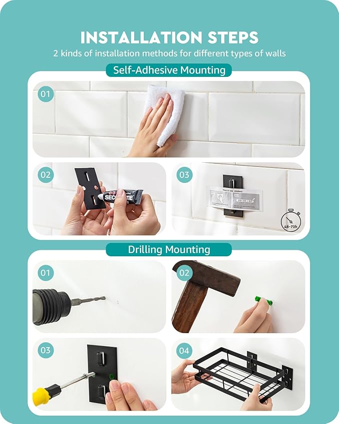 Metal Spice Rack Wall Mount Floating Shelves 2 Pack Black Storage organizer for Cabinet Door Pantry Kitchen Bathroom Supplies (9.8inches length)