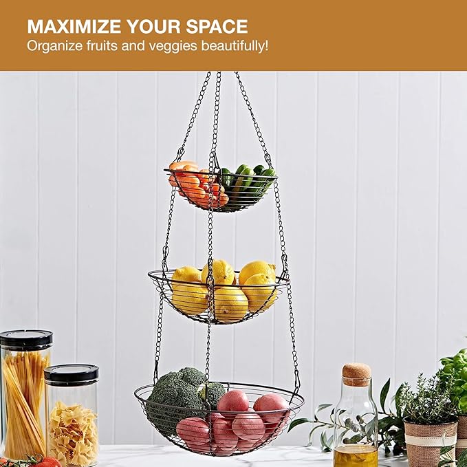 REGAL TRUNK & CO. 3 Tier Hanging Fruit Basket, Farmhouse Wire Basket, Three Tier Fruit Basket for Kitchen for Vegetables, Bread & More, Metal Chain, Hanging Hook and Detachable Round Wire Baskets