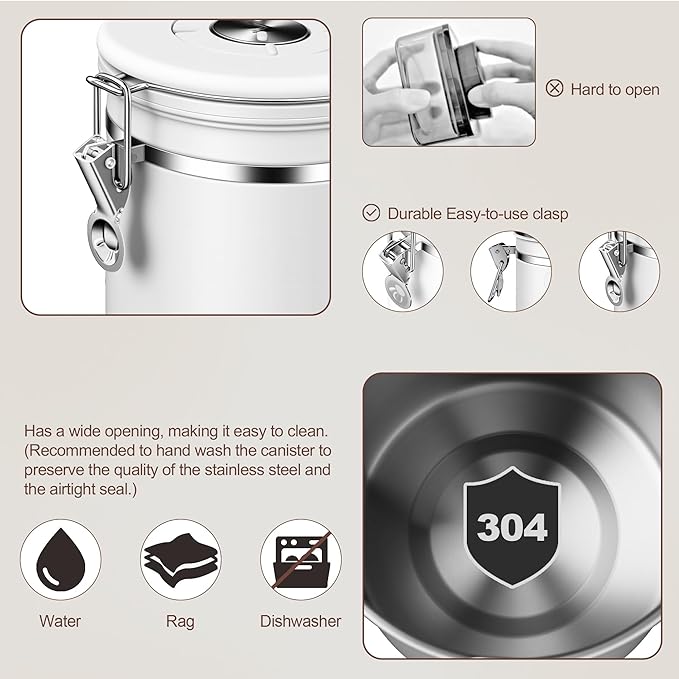 ShanSon Coffee Canister Airtight Coffee Container Stainless Steel Coffee Bean Storage Container with Scoop Coffee Canister for Beans Grounds Sugar Flour Tea Cereal,22OZ, White