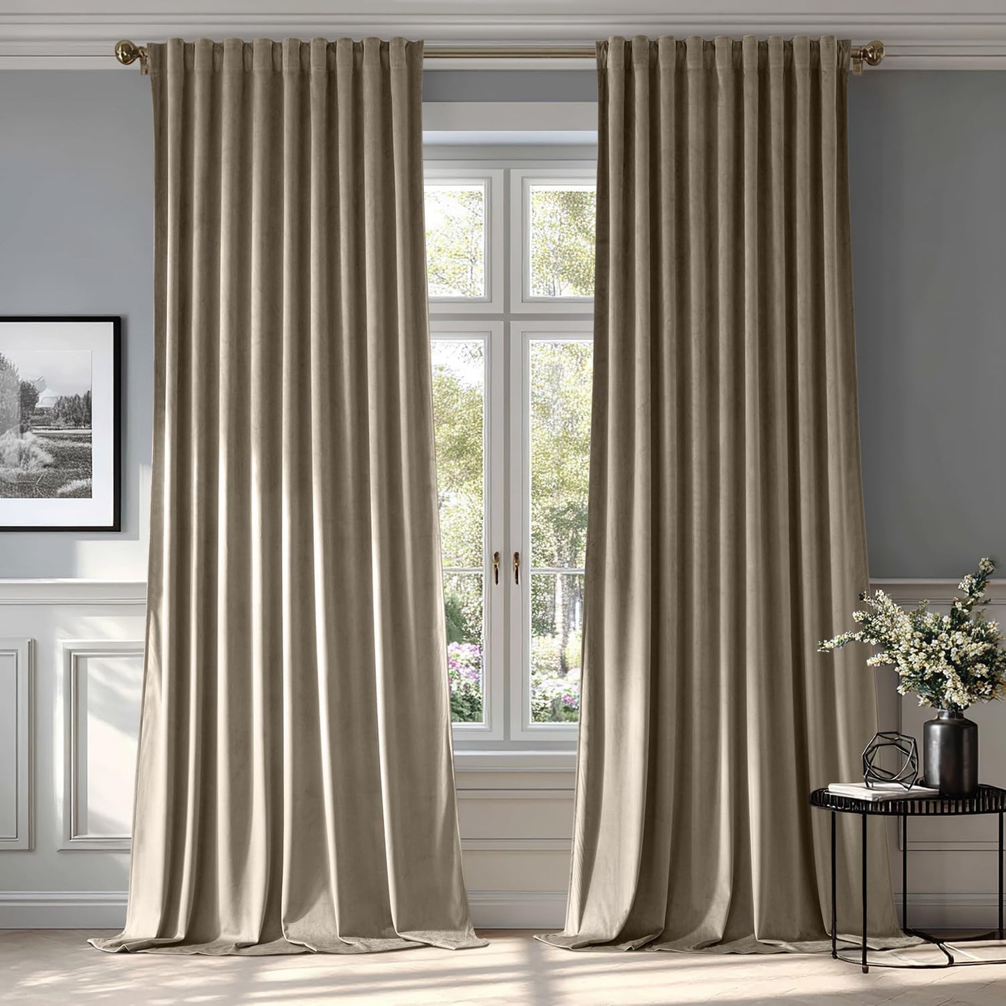 MIULEE Taupe Velvet Curtains 96 inches 2 Panels - Luxury Room Darkening Window Drapes for Bedroom Living Room Thermal Insulated Super Soft Blackout, Back Tab Rod Pocket Pinch Pleated, W52 x L96