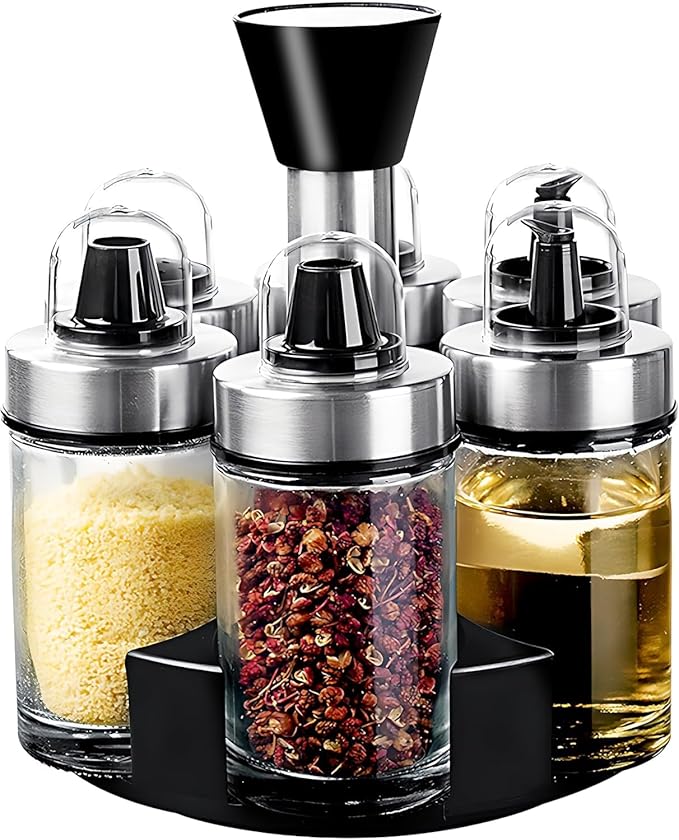 Mlici Oil and Vinegar Dispenser Set of 6 Bottles, Stainless Steel Salt Pepper Holder with 360° Rotating Holder, Cruet Soy Sauce - Premium Glass Condiment for Kitchen, Tabletop, Kitchen Containers