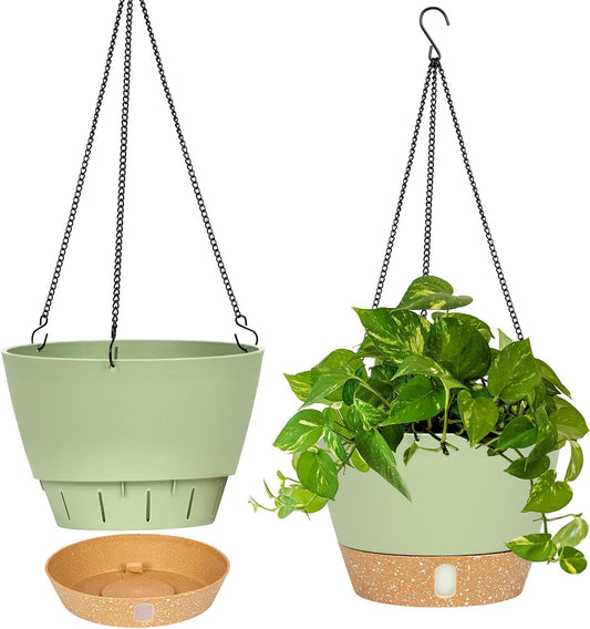 QCQHDU 2 Pack Hanging Planters for Indoor Outdoor Plants, 10 Inch Hanging Baskets Flower Pots with Reservoir Tray & Visible Water-Level
