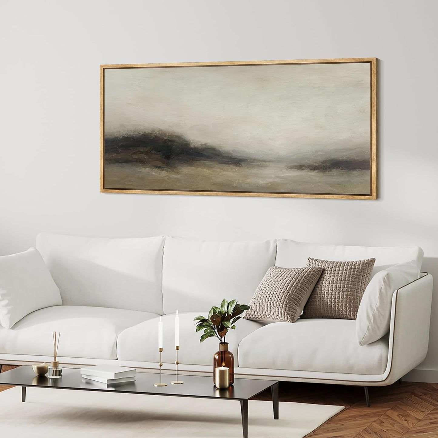 MUDECOR Extra Larg Framed Canvas Print Wall Art Foggy Mountain Horizon Landscape Neutral Tones Abstract Illustrations Decorative Colorful for Bedroom - 60"x30"