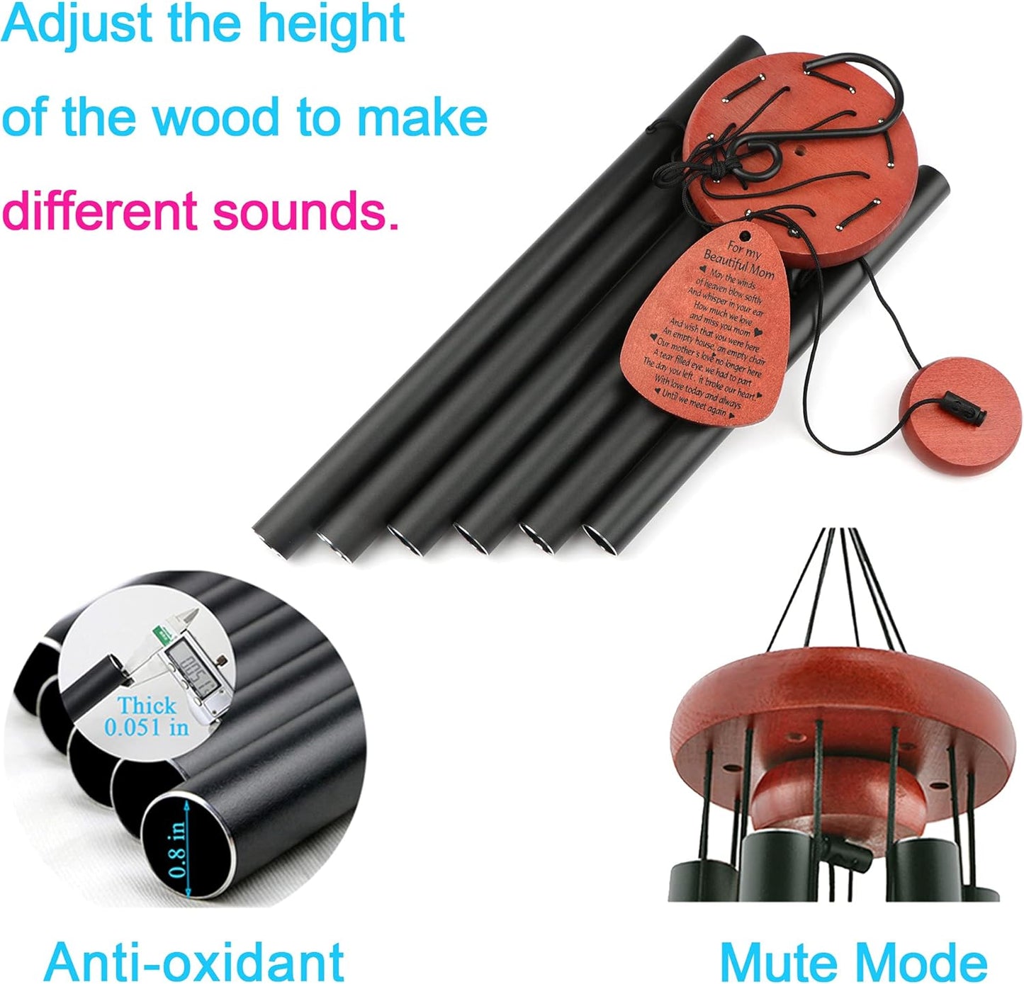 Memgift Memorial Wind Chimes for Outside – Sympathy Gift for Loss of Mother, Outdoor Yard Keepsake Wind Chime in Memory of Mom