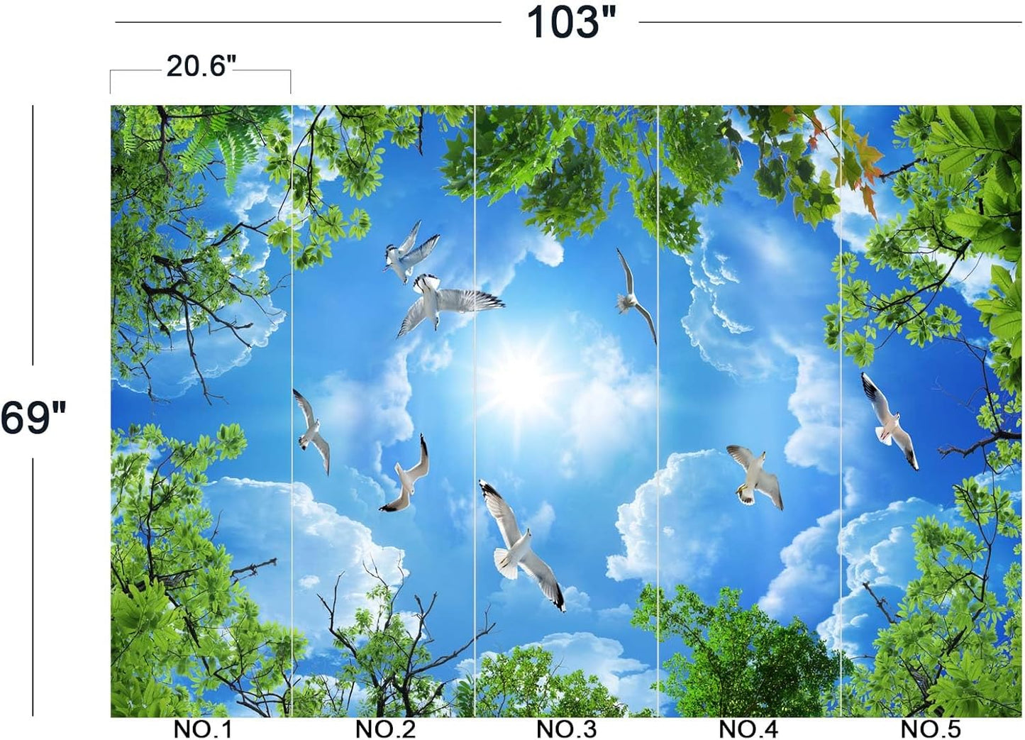 Sky Seagull Green Tree Ceiling 3D Wall Mural Wallpaper 103" x 69"
