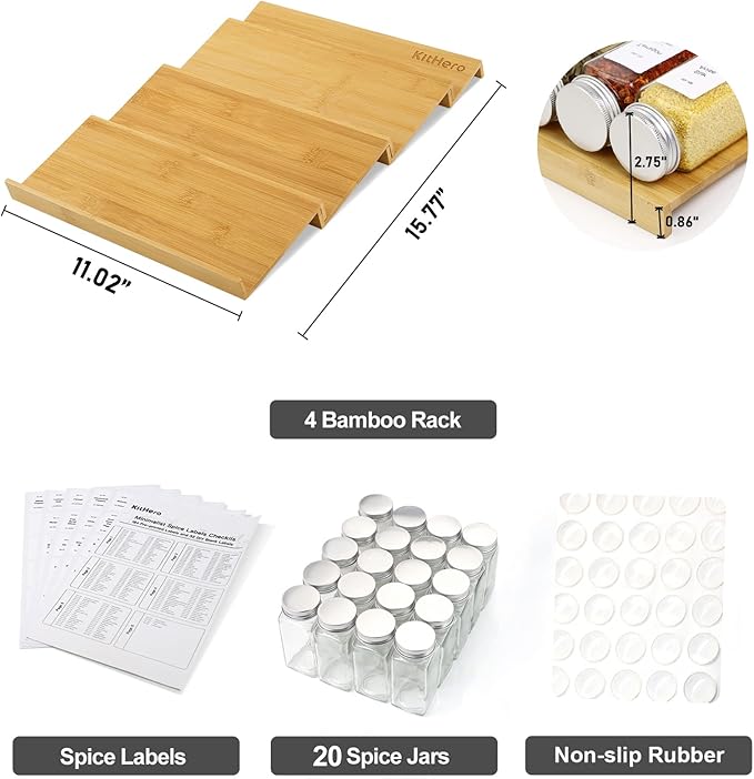 Spice Drawer Organizer with 20 Spice Jars,216 Labels,25 Non-slip Rubber, Bamboo 4 Tier Seasoning Rack Tray Insert for Kitchen Drawers,Cabinets,Countertop,11" Wide x 15.8" Deep