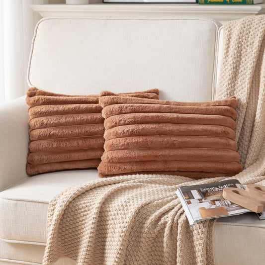 DEELAND Pack of 2,Double-Sided Faux Fur Plush Decorative Throw Pillow Covers Fuzzy Striped Soft Pillowcase Cushion Covers for Sofa Couch Bedroom Brown 12x20 inch