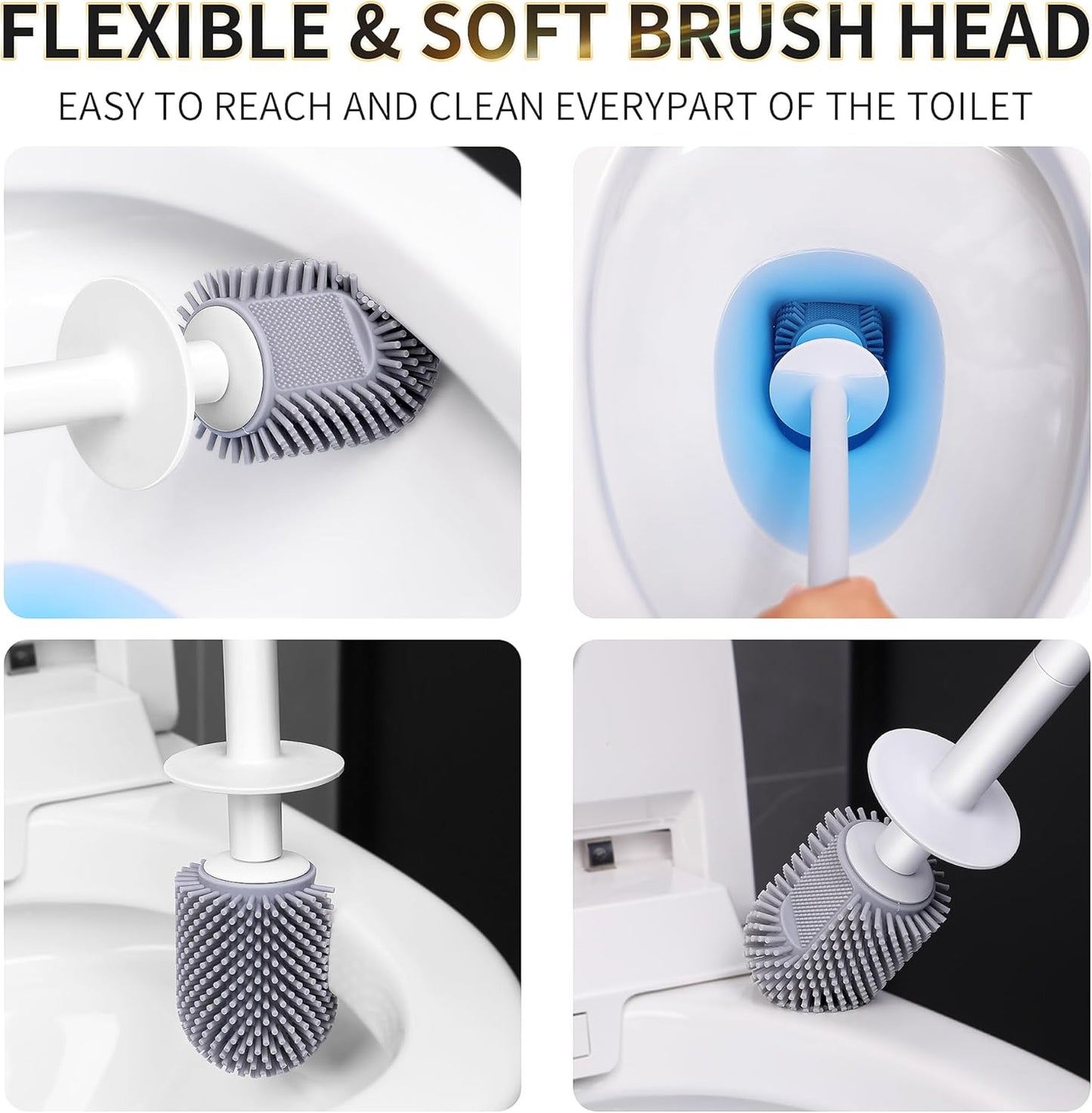 Silicone Toilet Brush and Holder Set with L-Shaped Brush Head, Wall Mounted Toilet Brush Set with Long Non-Slip Handles, Compact Toilet Bowl Cleaner Brush Suitable for RV Trailers & Bathroom (1 Pack)