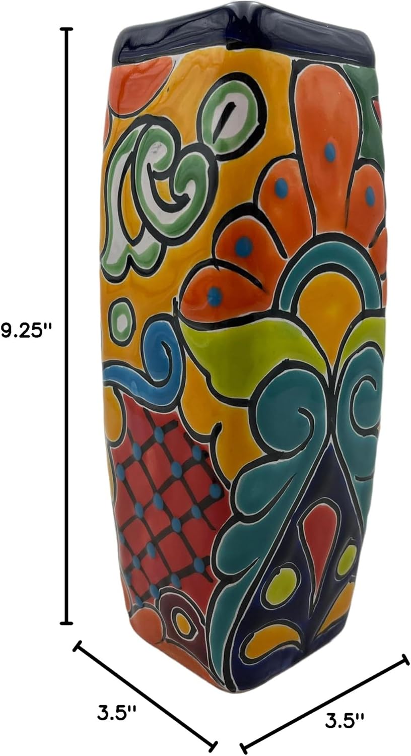 Talavera Planter Pot Square Vase Folk Art Mexican Pottery Handmade Hand Painted Home Decor Indoor Multicolor Outdoor 9.25" (Cobalt Multi)