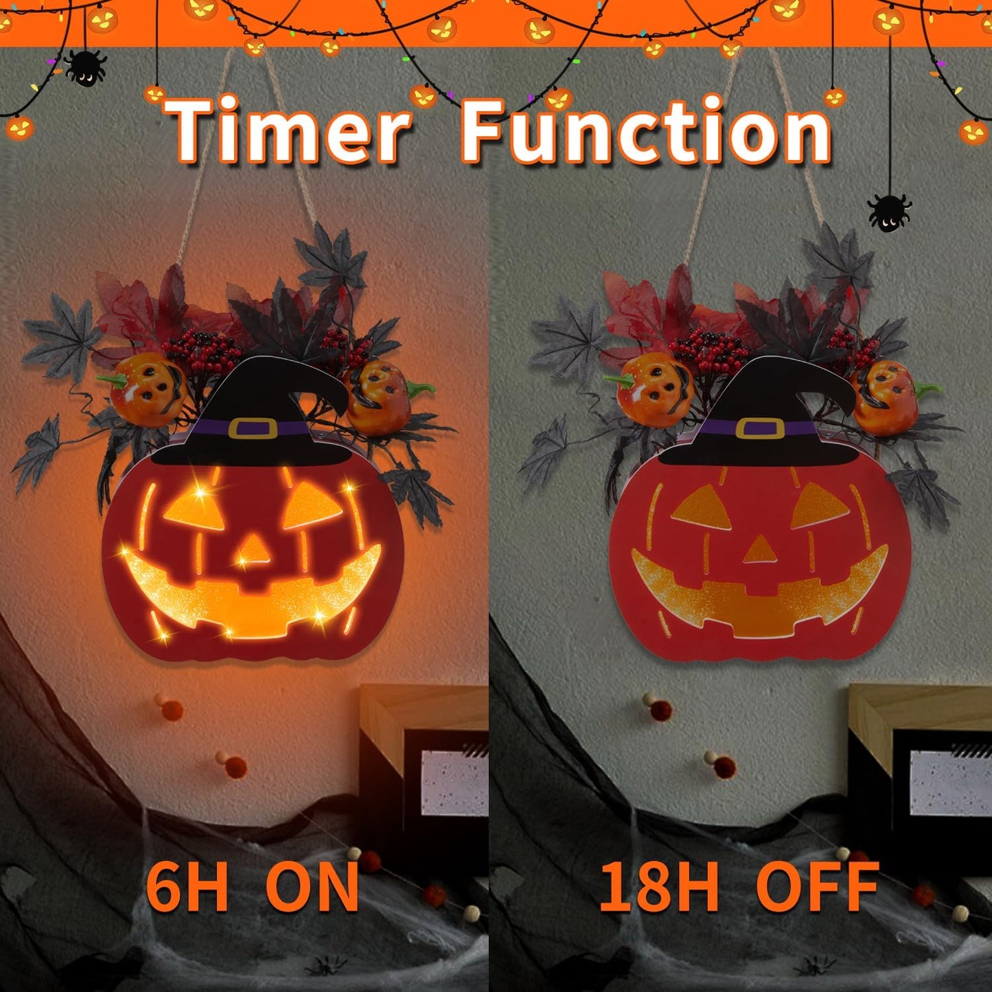 Halloween Door Decorations, Halloween Wreath Decorations Double-Sided Pumpkin with Timer Function, Light up Jack O Lantern for Front Door Window Wall Outside Decor, Battery Operated, 11 Inch