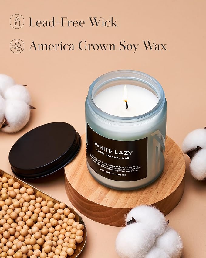 M&SENSE White Lazy - Clean Cotton & Jasmine Scented Natural Soy Wax Jar Candles for Home Decor 7.05oz 50 Hour Long Lasting Burning, Non Toxic Organic Natural Relaxing Candle for Women
