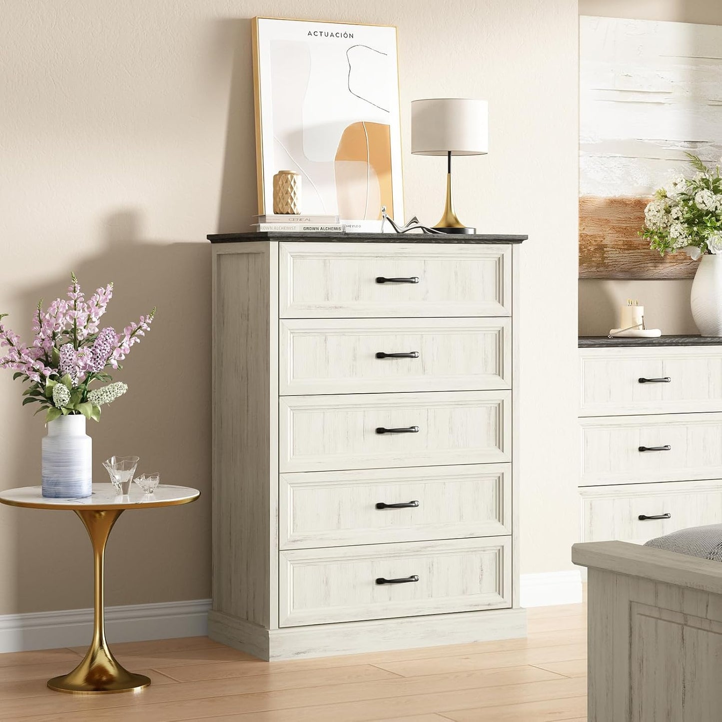 Farmhouse 5 Drawers Dresser for Bedroom, 44" Tall White Dresser Wood Rustic Chest of Drawers with Wide Metal Handle,Natural Texture,Drawer Organizer for Bedroom,Living Room,Hallway and Entryway