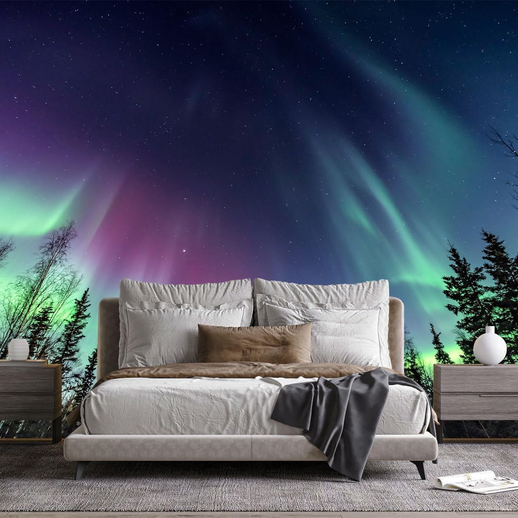 Wall Mural Multicolored Aurora Borealis Forest Night Wallpaper for Bedroom Living Room (Not Peel n' Stick)
