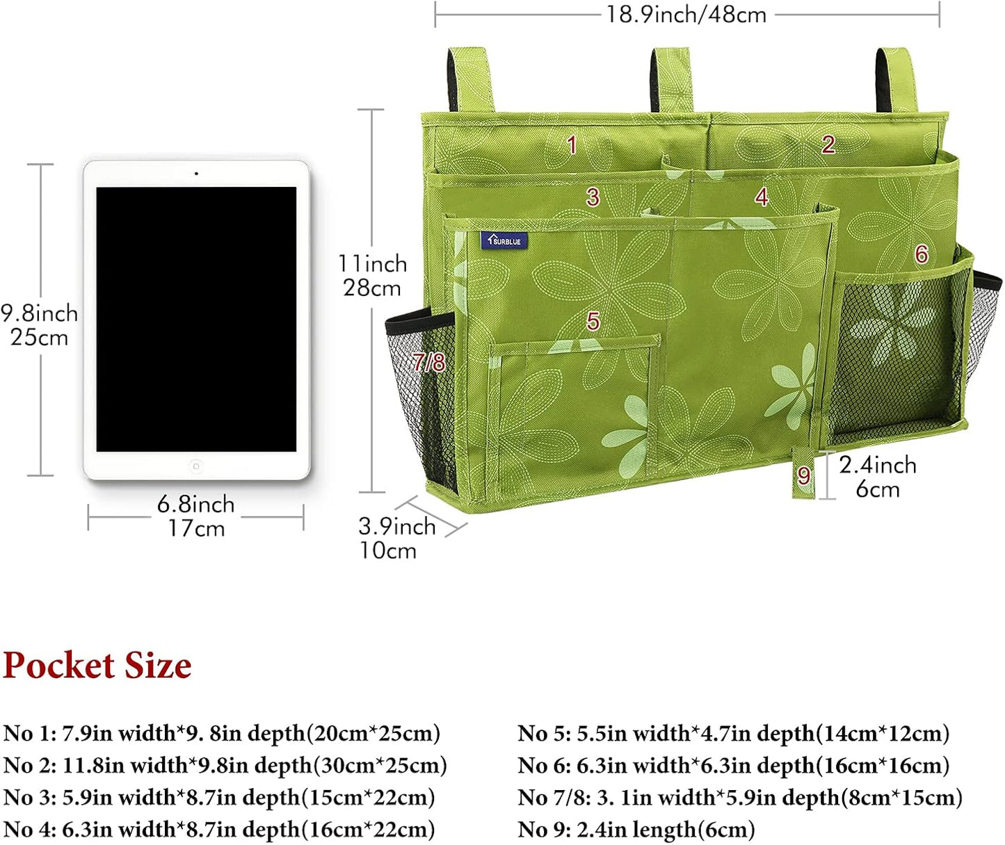 Surblue Caddy Hanging Organizer Bedside Storage Bag for Bunk and Hospital Beds, Flower, L